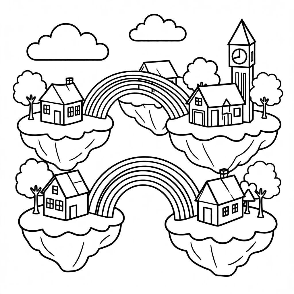 A floating island city connected by rainbow bridges