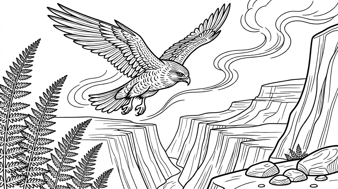 A peregrine falcon riding a thermal above a canyon, surrounded by tall ferns and moss-covered stones.