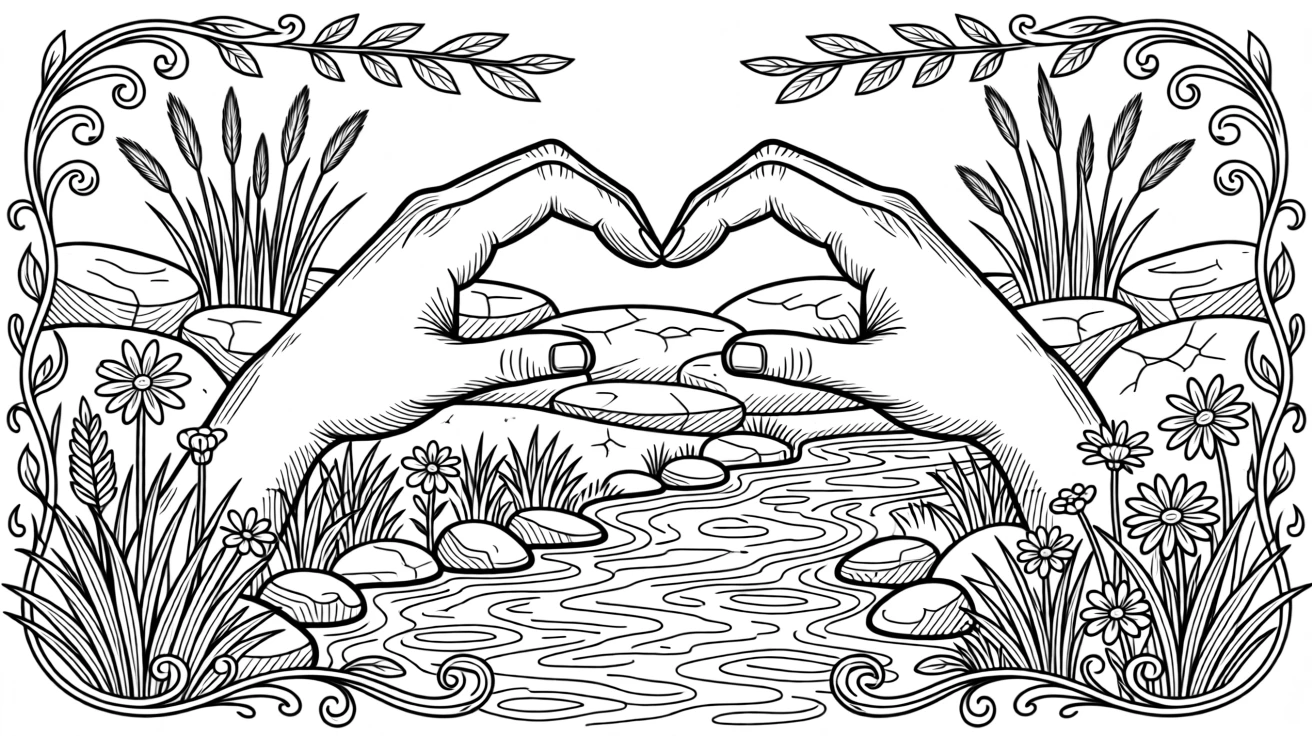 A pair of hands forming a bridge over a small trickling stream.