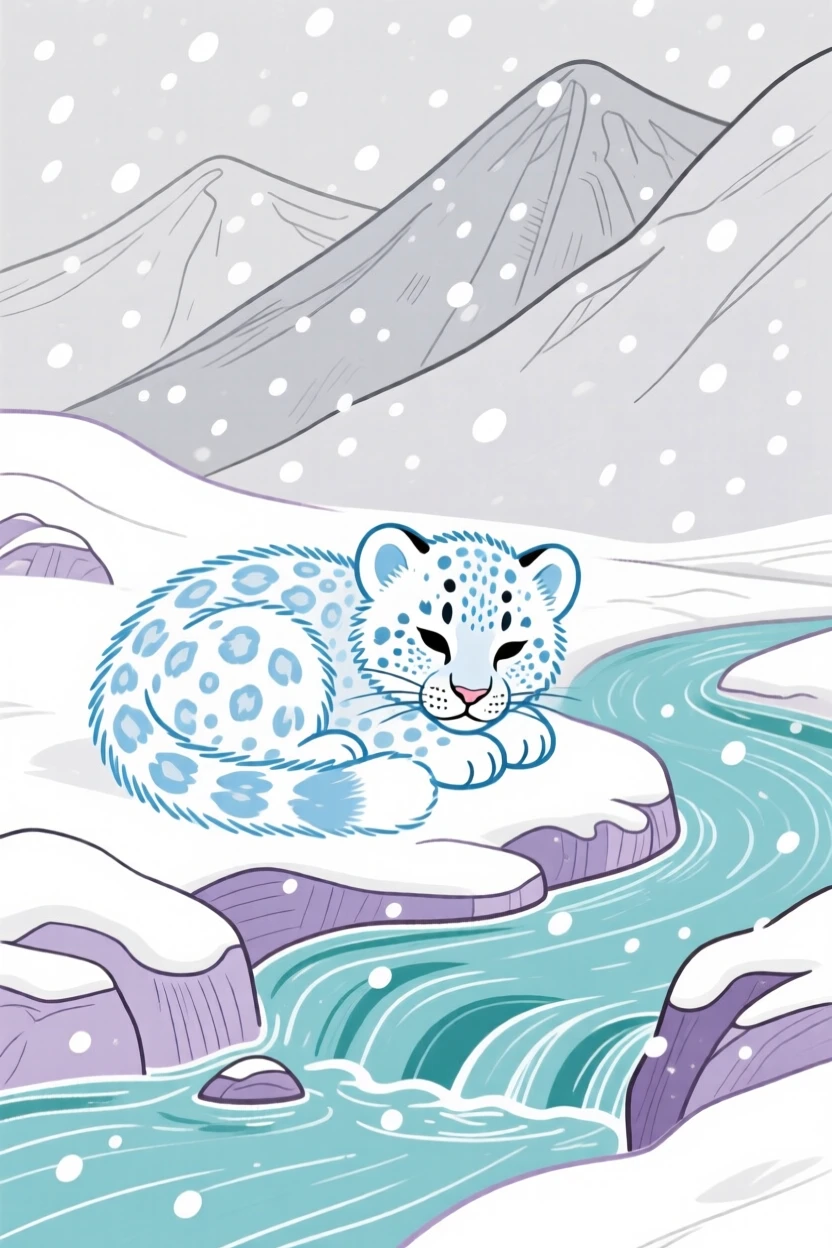 A snow leopard cub curled up together beside a mountain stream during a light snowfall.