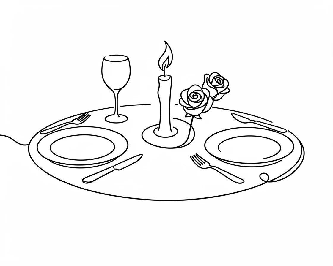 A Valentine's Day table set with roses and a candlelit dinner for two