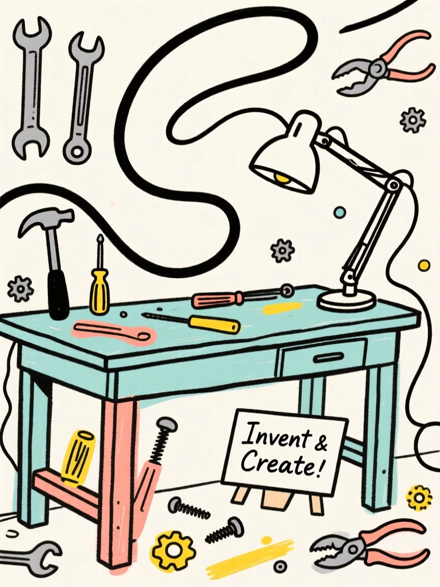 An inventor's workshop cluttered with tools