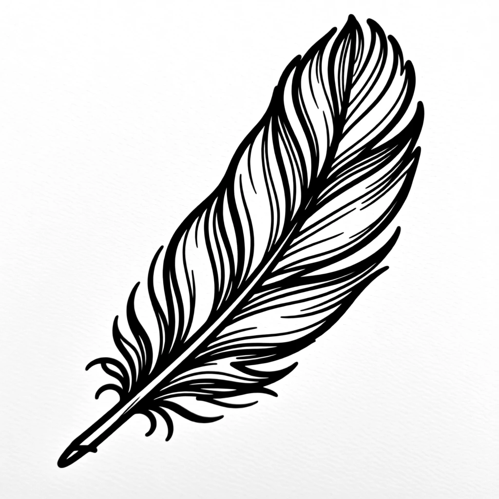 A single feather drifting gently down from a clear blue sky.