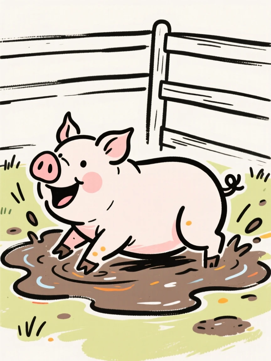 A pig rolling happily in a mud puddle inside a farmyard pen.