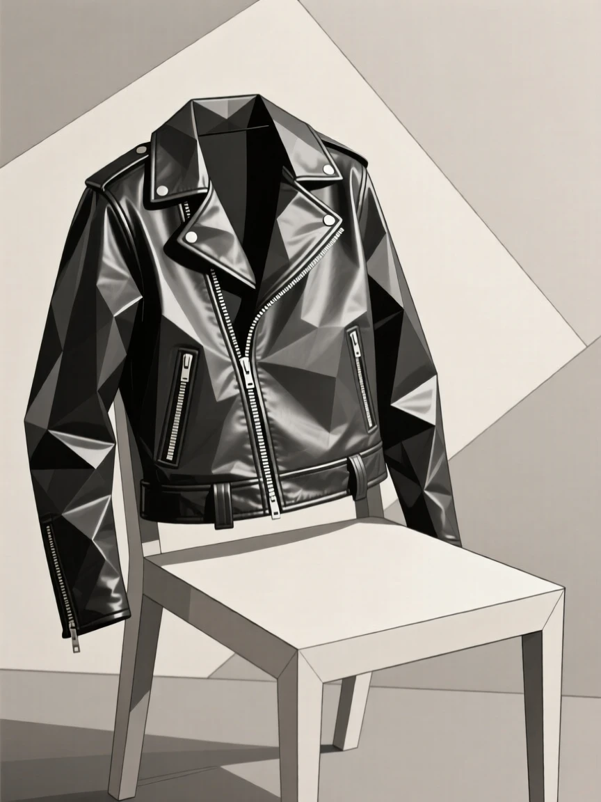 A leather motorcycle jacket draped over a chair