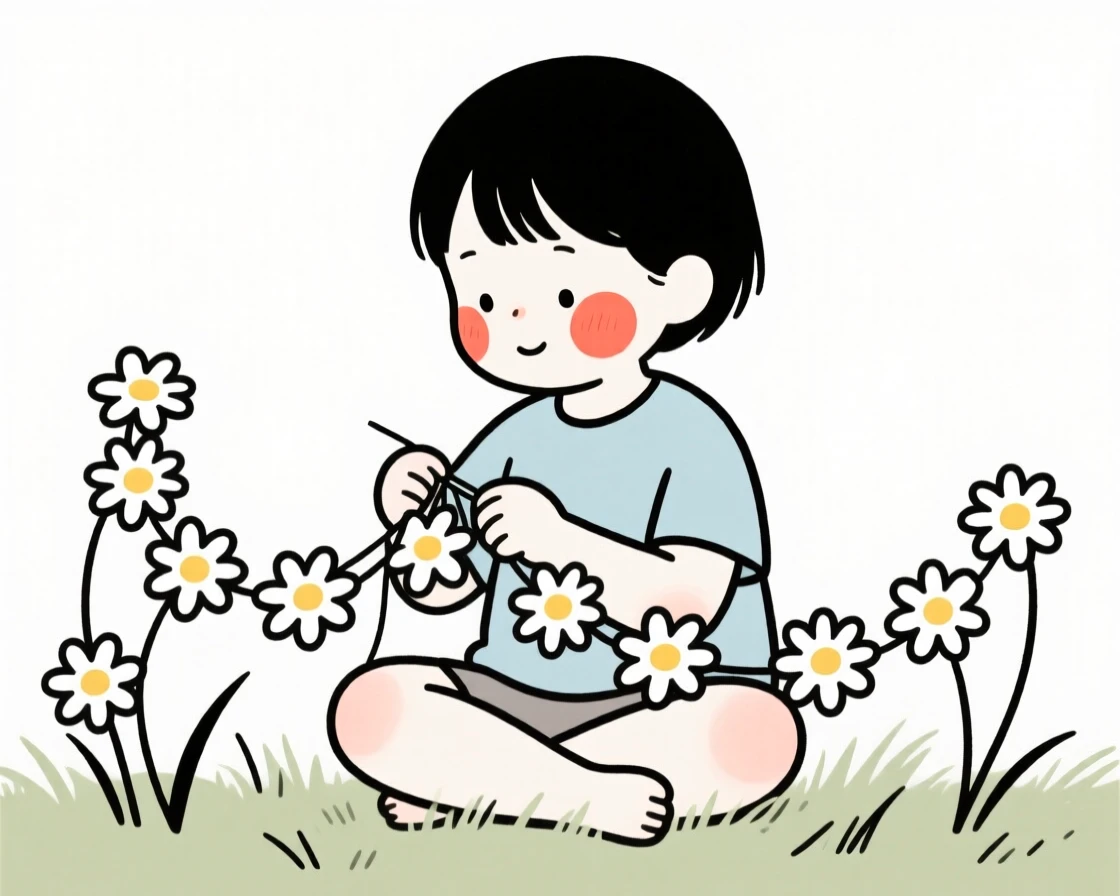 A small child making a daisy chain in the grass.