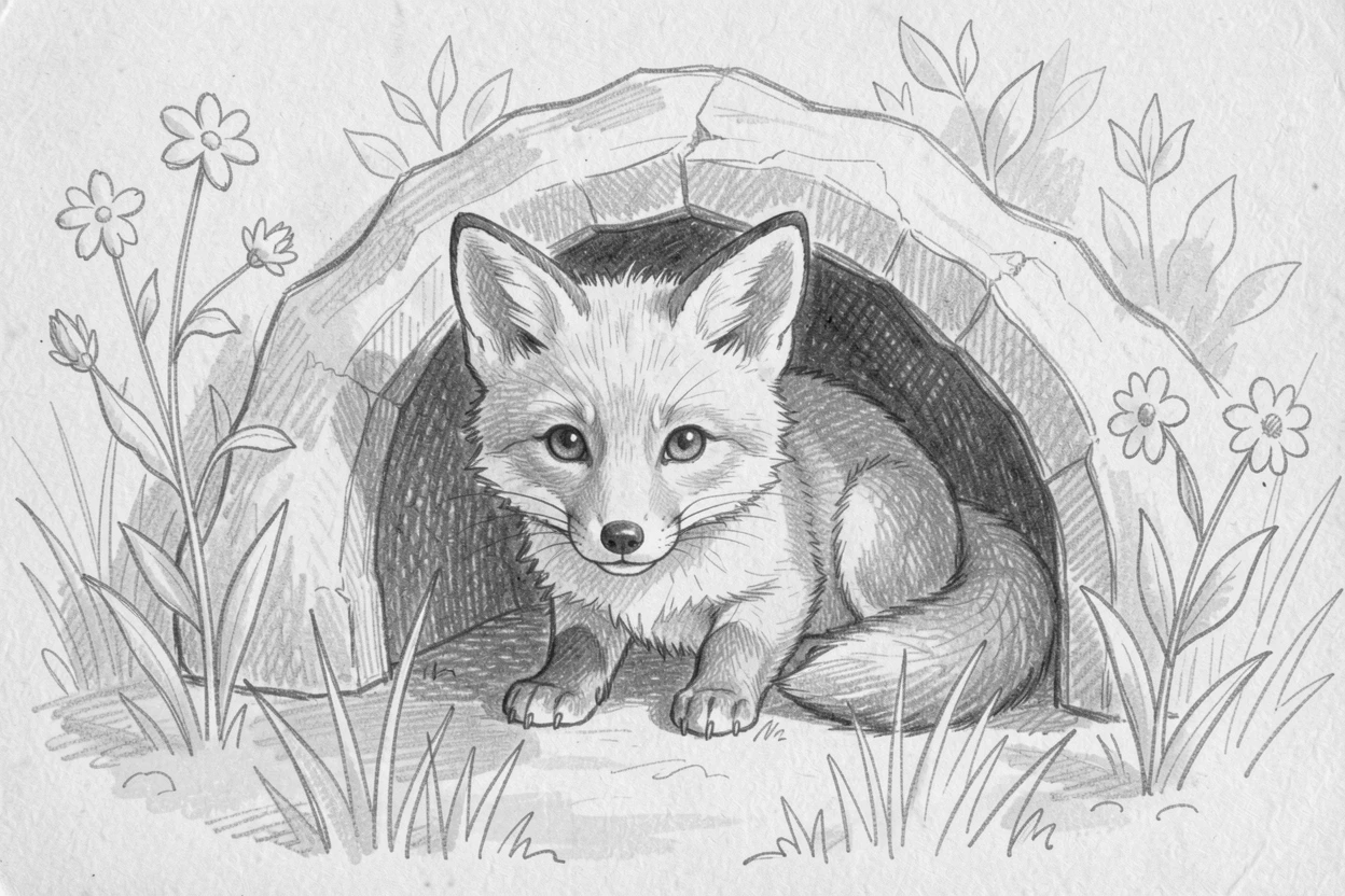 An irresistibly cute scene of a baby fox peeking out from its den in a sunlit garden, radiating pure innocent charm.