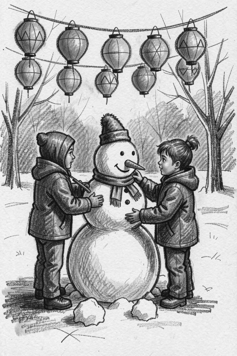 Children building a snowman in a fresh snowy yard, under a canopy of colorful lanterns.