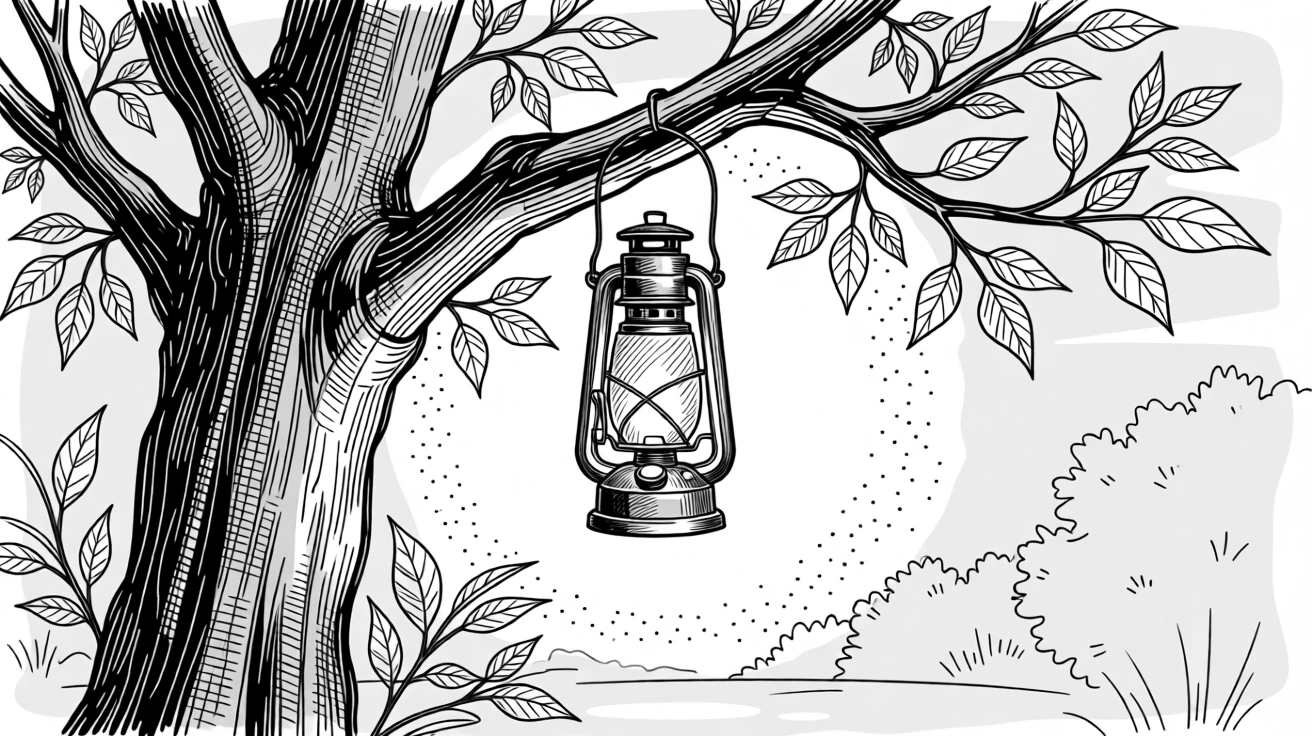 A glowing lantern hanging from a tree branch in a quiet garden at dusk.