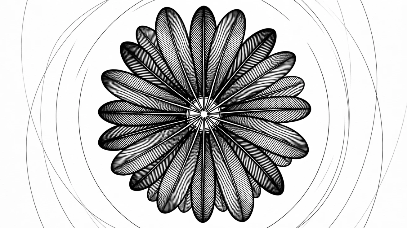 A circular composition of feathers arranged like a fan composed with careful geometric precision, with a subtle repetition of shapes throughout, forming a meditatively symmetrical decorative composition.
