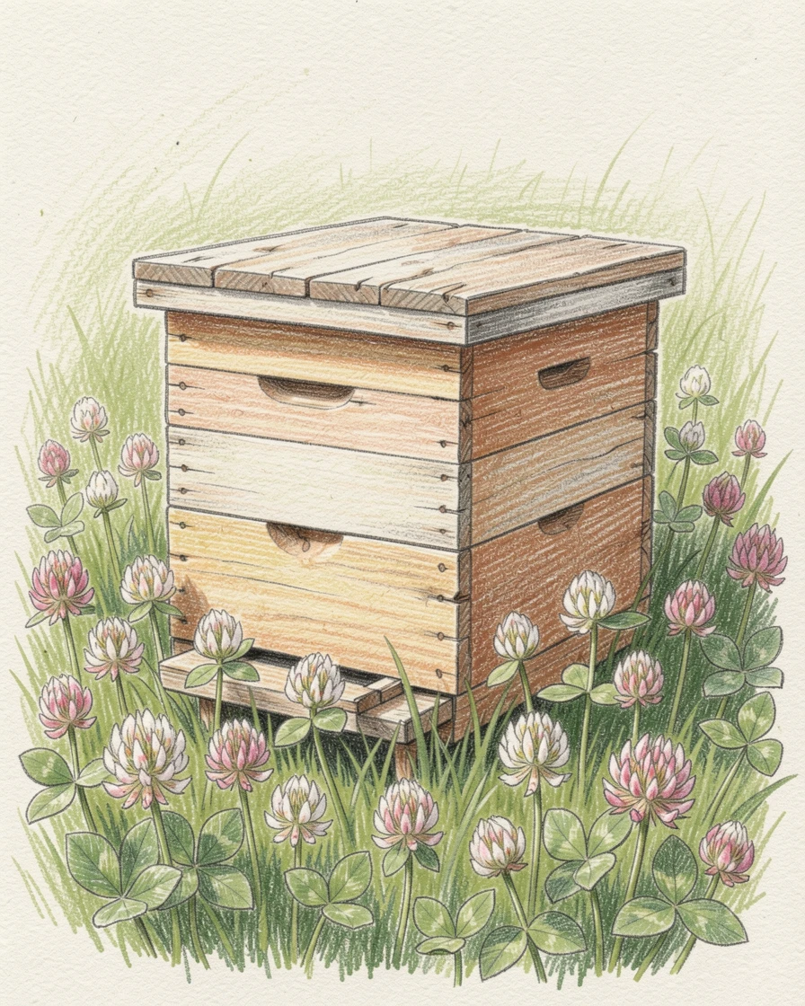 A rustic countryside beehive box surrounded by clover blooms, with delicate details that reward a closer look, evoking warmth, beauty, and a lasting sense of wonder.