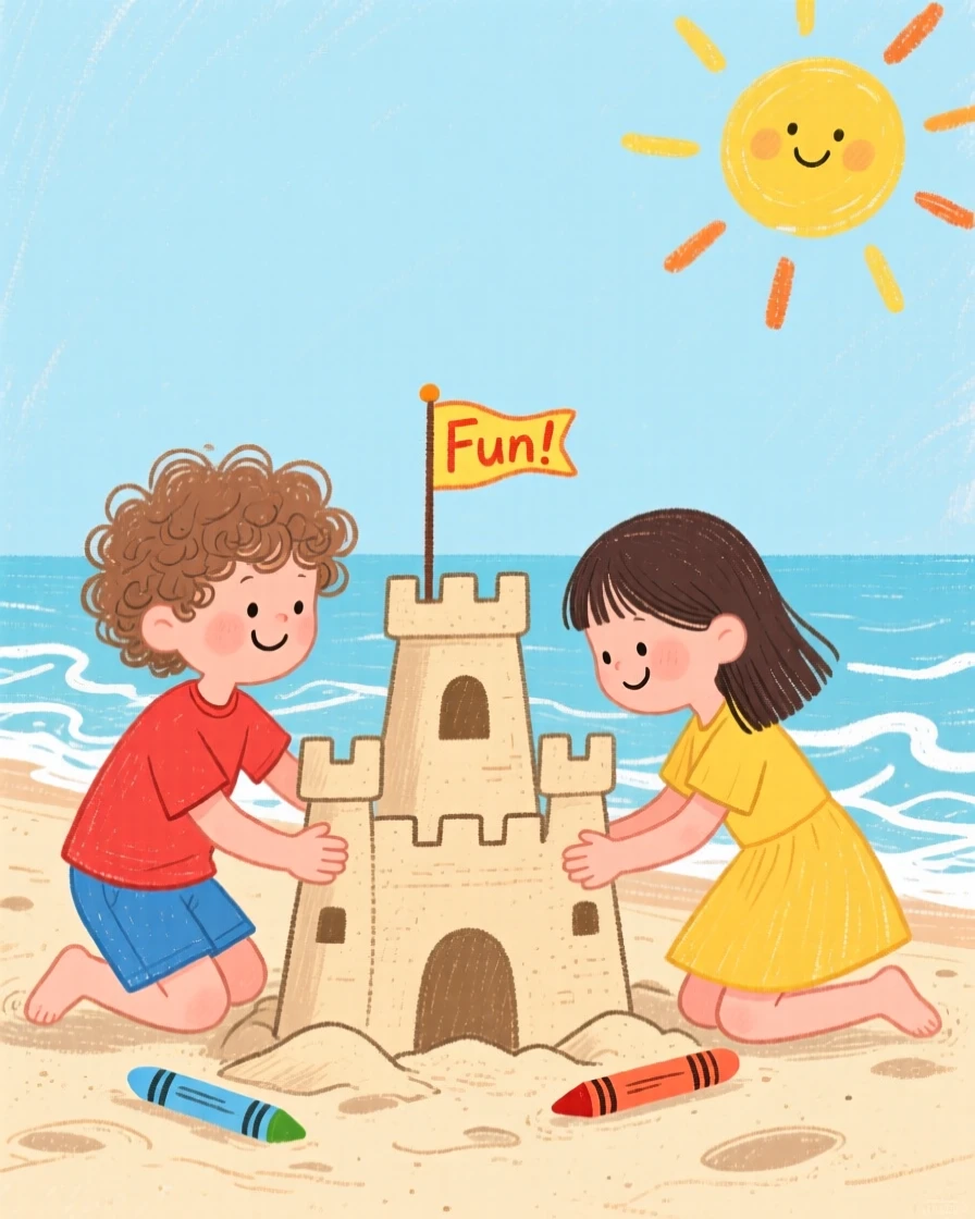 Two best friends building a sandcastle at the edge of the tide.