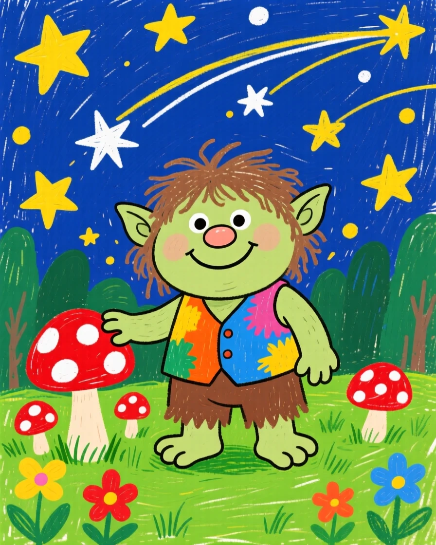 A friendly forest troll tending mushrooms beneath a sky full of shooting stars.