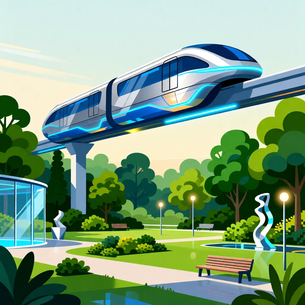 A futuristic monorail gliding above a lush green park, surrounded by lush greenery blended with modern design, arranged with soft reflections adding a polished feel, with a subtle sense of wonder about future possibilities.