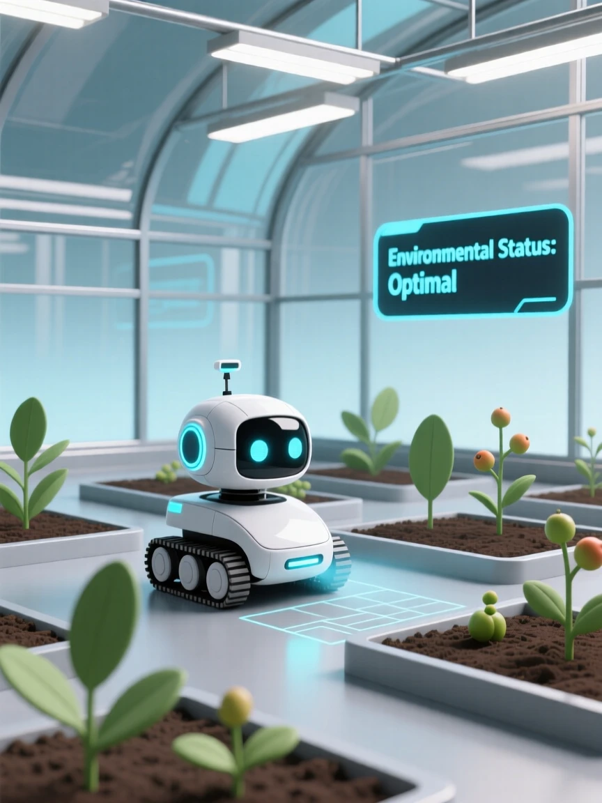 A small robot mapping the terrain in a futuristic greenhouse.