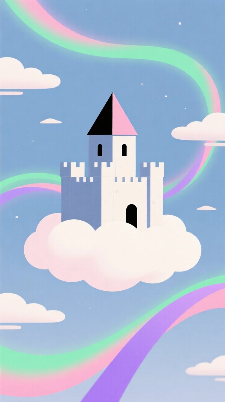 A castle floating on a cloud floating above a sky filled with drifting clouds, surrounded by ribbons of aurora light, radiating quiet enchantment.