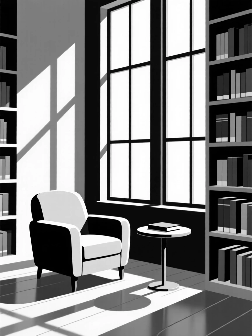 A quiet library corner with sunlight streaming through tall windows.
