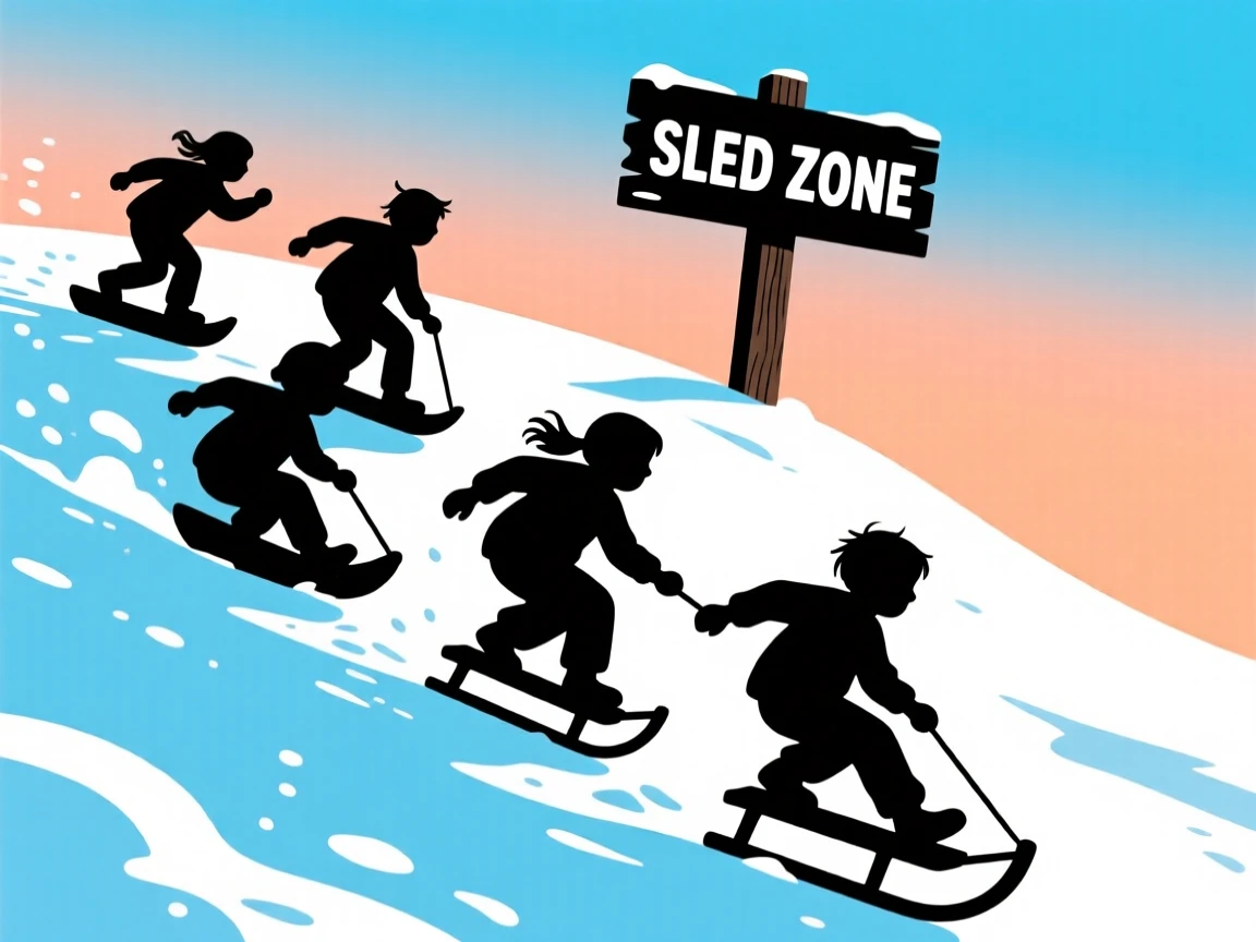 A group of children sledding down a snowy hill, laughter trailing behind them.