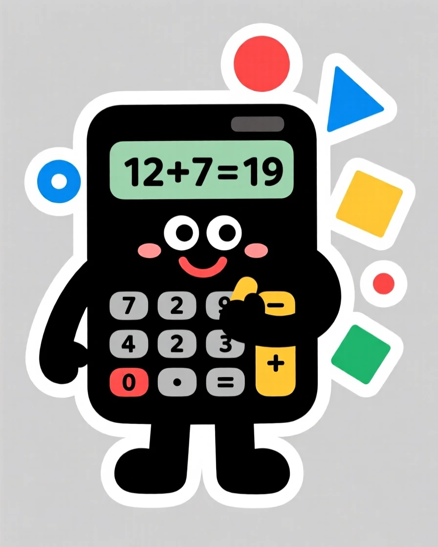 A warm and welcoming smiling calculator character solving a math problem, surrounded by simple colorful shapes, designed to make learning fun.