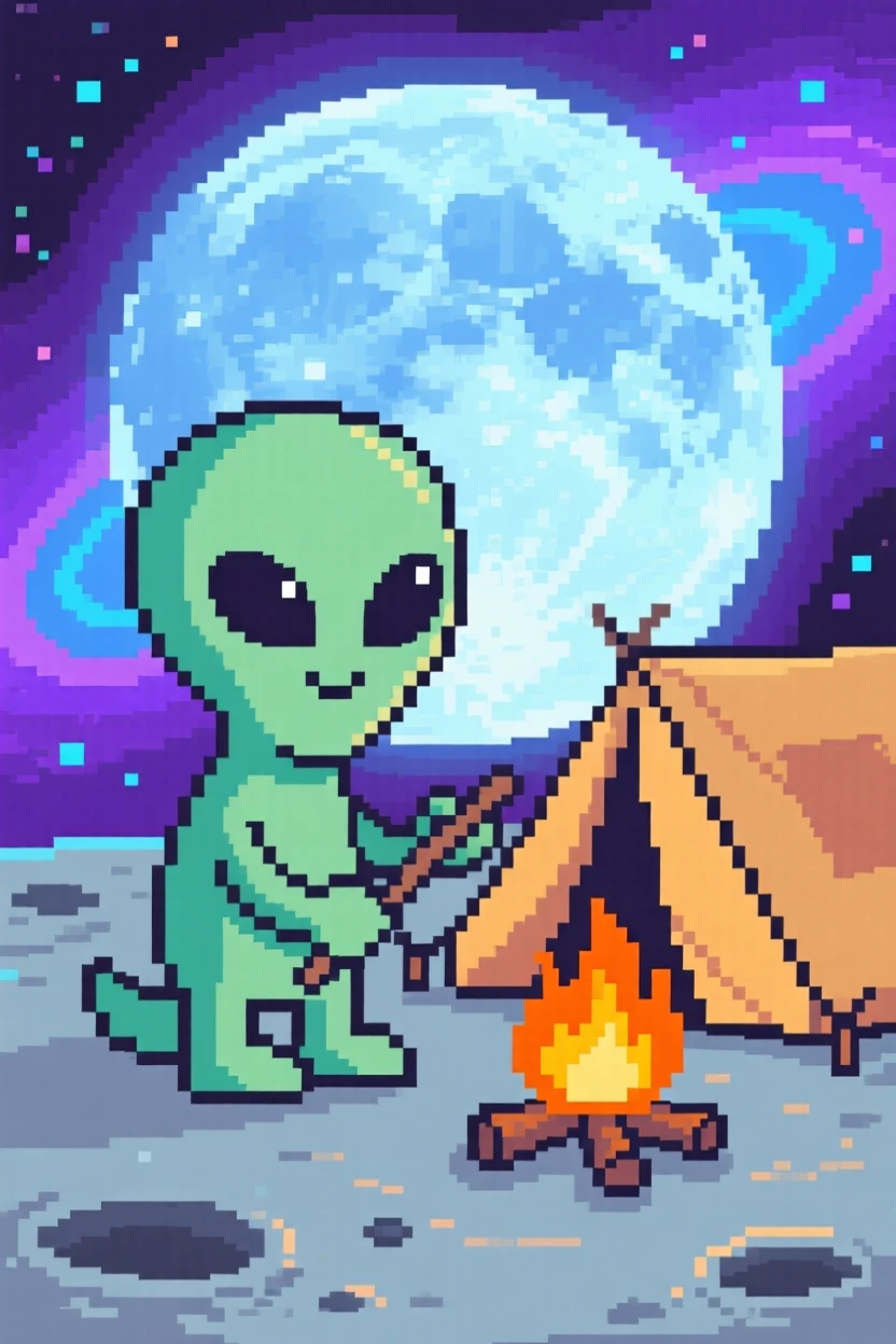 A friendly alien creature with big eyes setting up camp on a quiet alien moon, within a nebula glowing in shades of purple and blue.