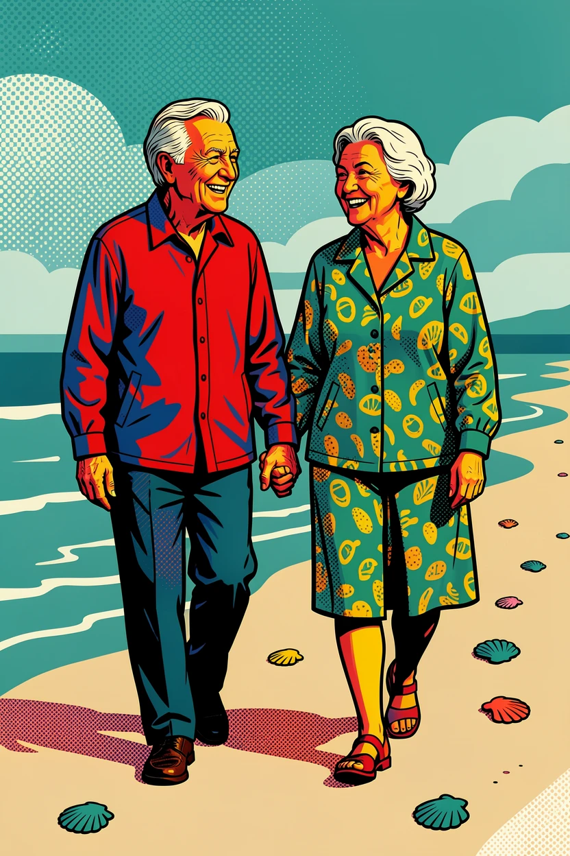 An elderly couple walking hand in hand along a quiet beach