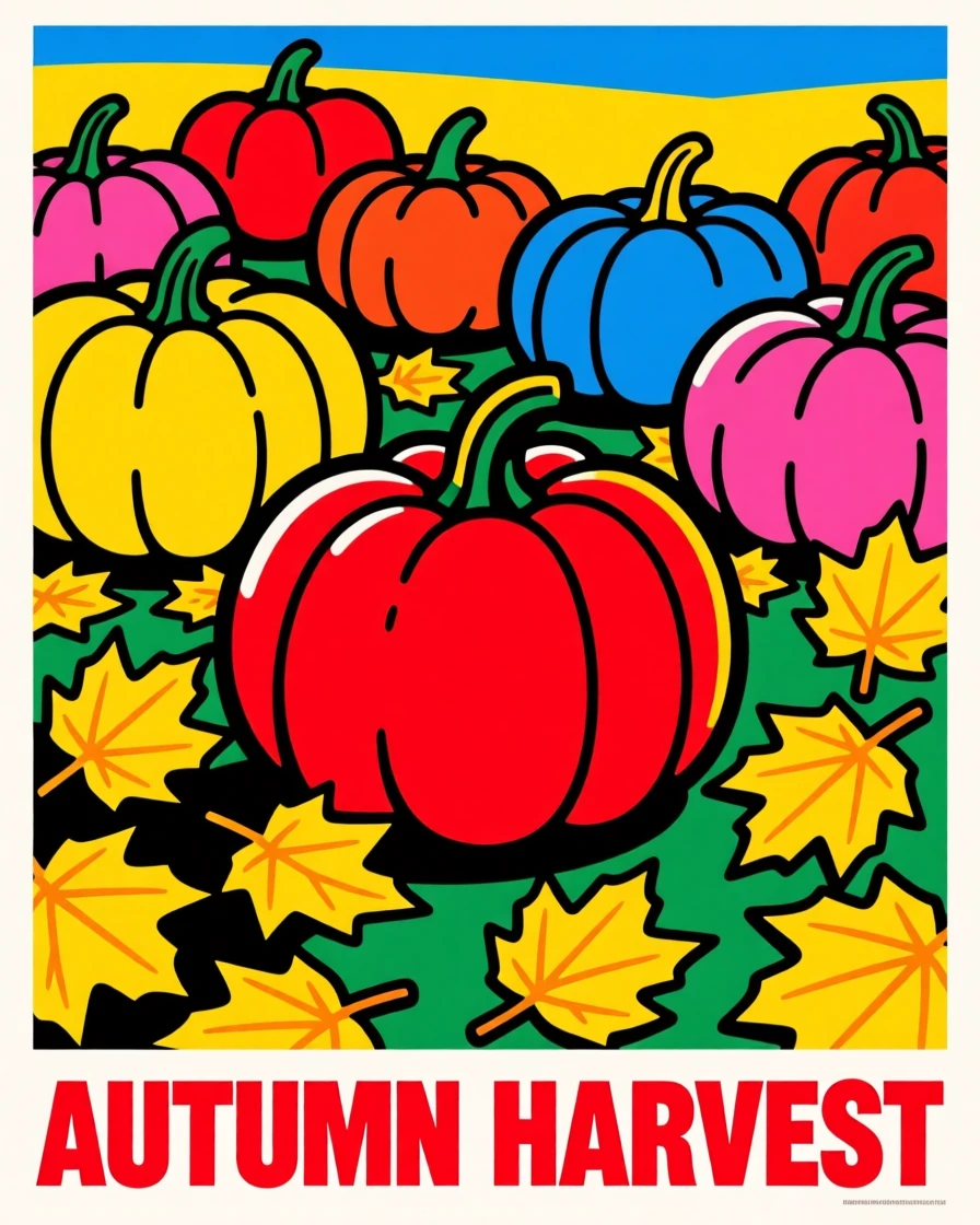 Autumn pumpkin patch with golden leaves scattered