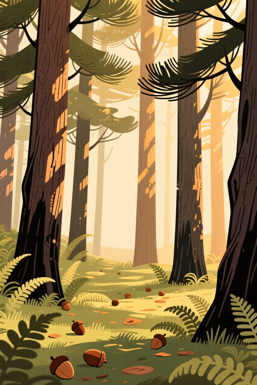 Sunlight filters through a ancient grove of old pines, casting dappled golden light across a carpet of ferns scattered with scattered acorns.