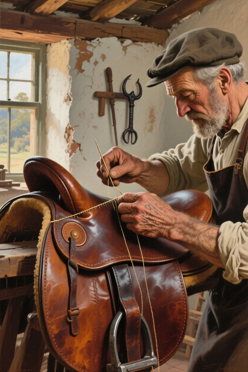 A tightly framed close-up of a leatherworker stitching a saddle by hand, in the early 19th century, in a Cape Dutch farmstead in South Africa.