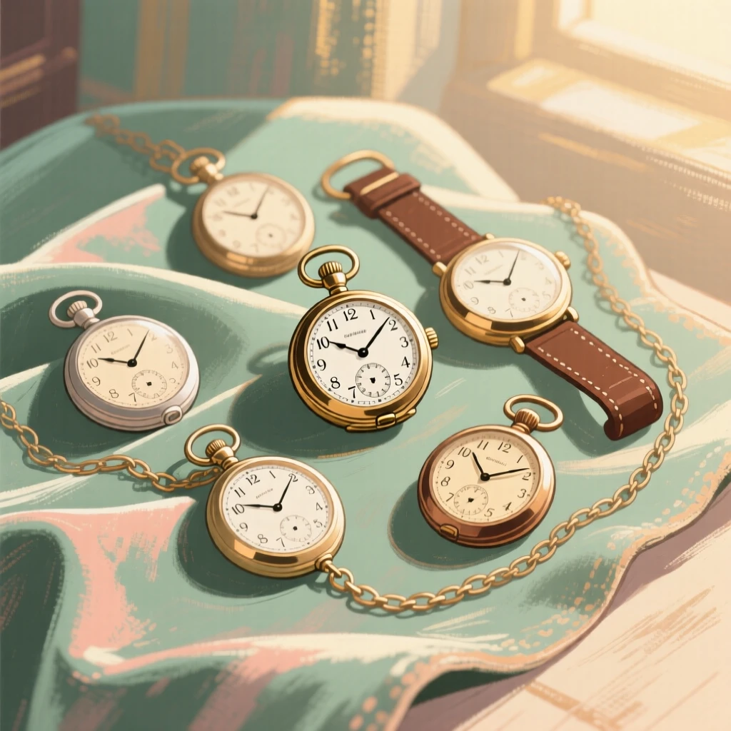 A collection of vintage pocket watches arranged on a velvet cloth