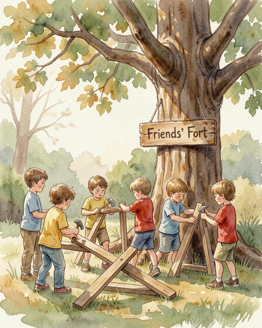 A group of children building a treehouse together in a relaxed, unhurried setting.