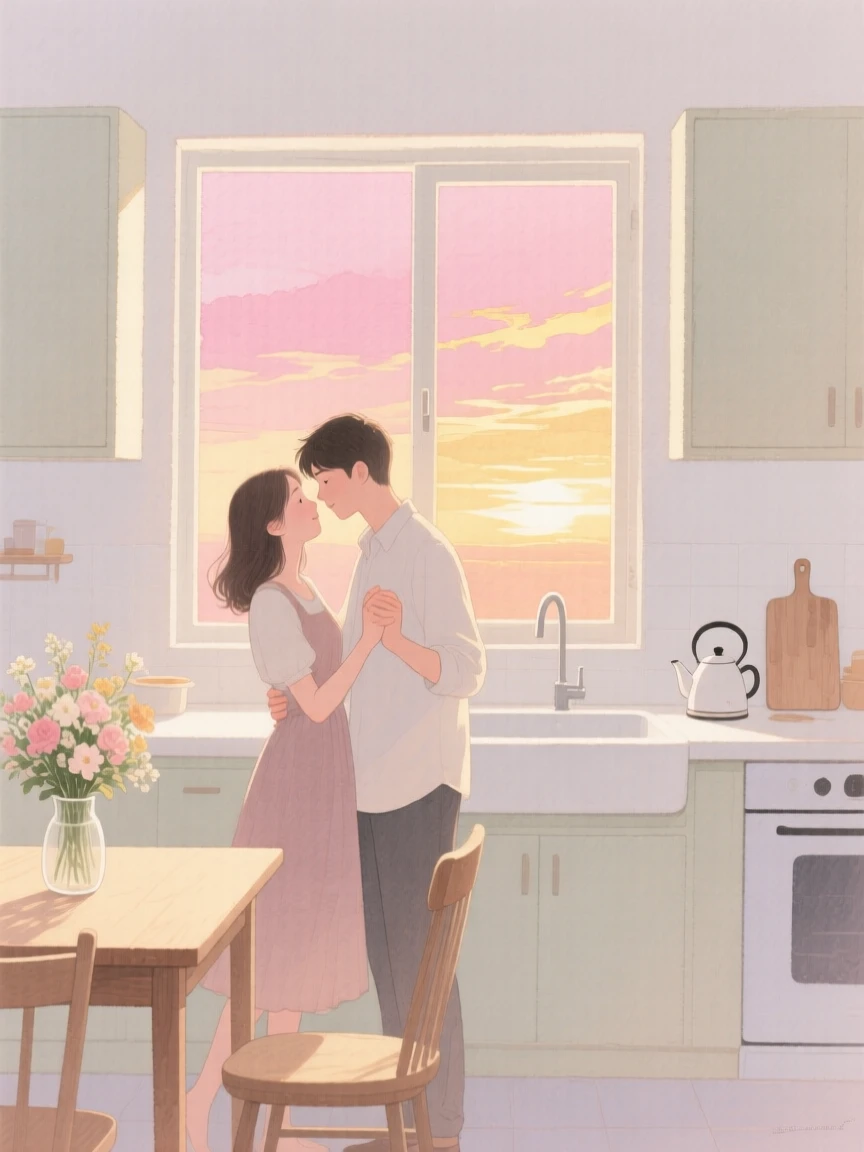 A tender moment of a slow dance in a quiet kitchen, while the sky turns shades of pink and gold, capturing quiet affection between two people