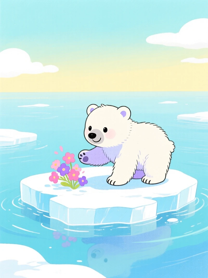 A polar bear cub playing on an ice floe, captured in a moment of quiet wonder.