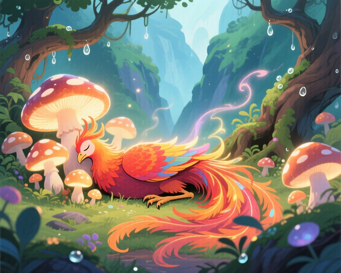 A glowing phoenix napping among a cluster of giant glowing mushrooms, in a hidden valley untouched by time, radiating gentle magic and wonder.