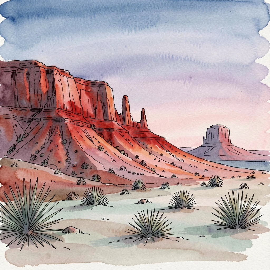 A high desert mesa glowing red in the last light of evening, the air still and cool with the promise of a new day.