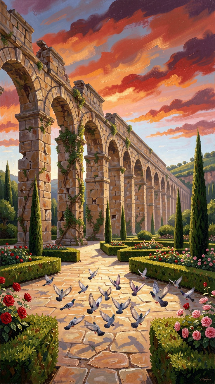 A crumbling stone aqueduct stretching across a valley, a flock of pigeons scattering across the plaza, framed by manicured formal gardens, at sunset, its silhouette glowing against a fiery sky.