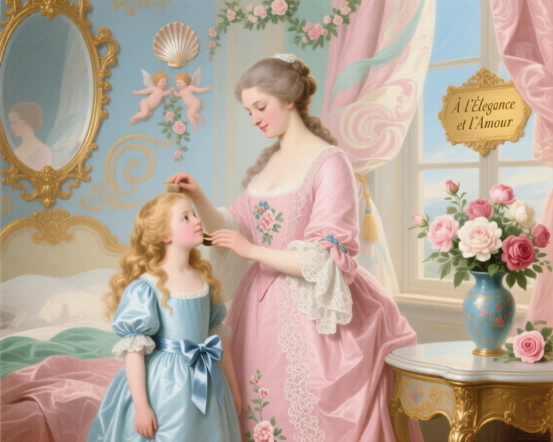 A mother brushing her daughter’s hair before a grand family ball  