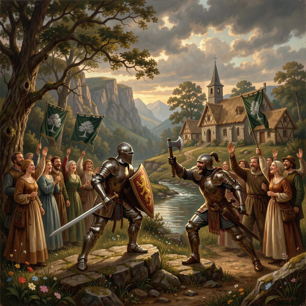 A lone knight defends the village from a duel against a rival champion to the cheers of a grateful crowd.