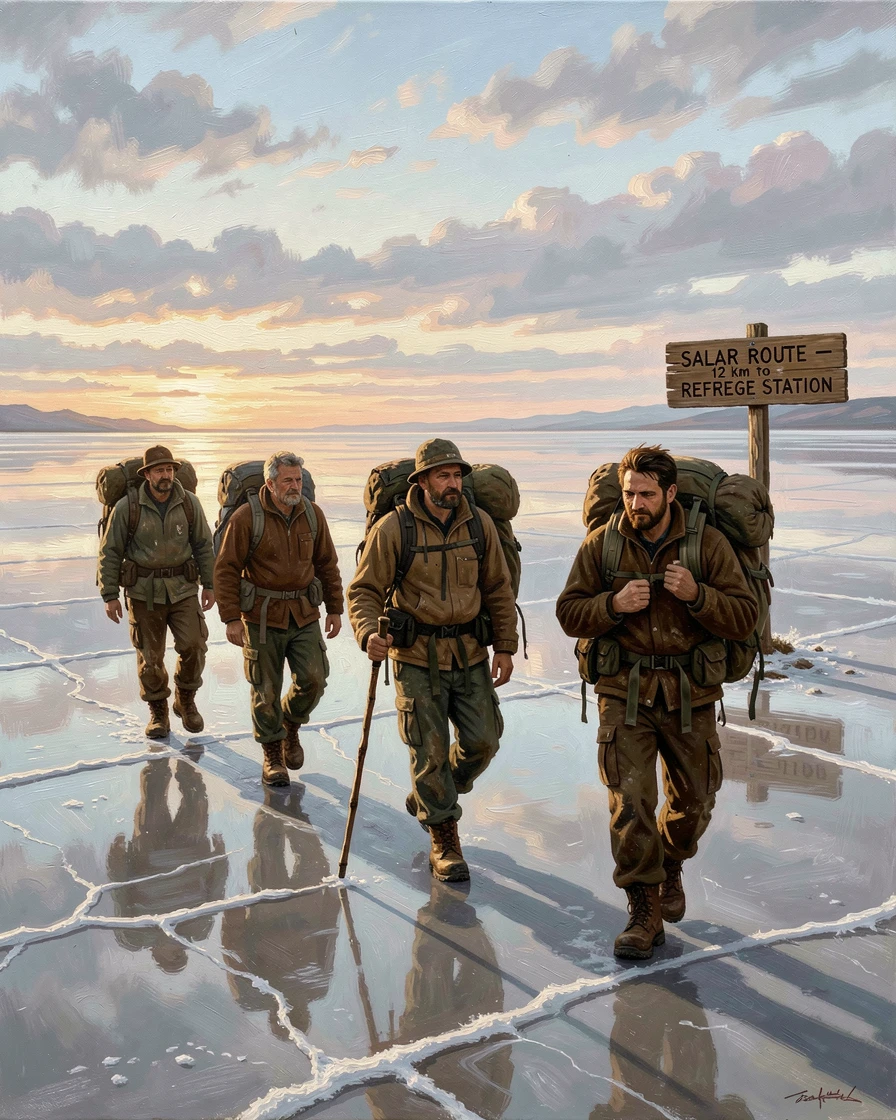 A group of hikers crossing a vast salt flat that mirrors the sky perfectly, as dramatic natural light enhances the excitement of the journey, designed to transport the viewer straight into the journey