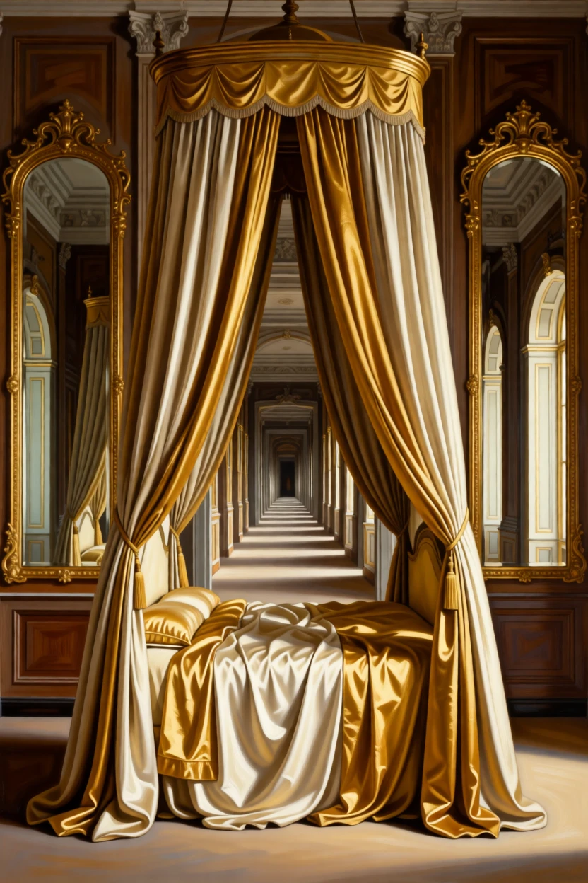 A royal bedchamber with silk draperies and a canopied bed awaiting the arrival of guests soon to fill its halls, set within a palace built for generations of nobility, with tall mirrors reflecting endless corridors of light and shadow; a central vanishing point draws the viewer deep into the grand space, evoking timeless grandeur and quiet reverence.