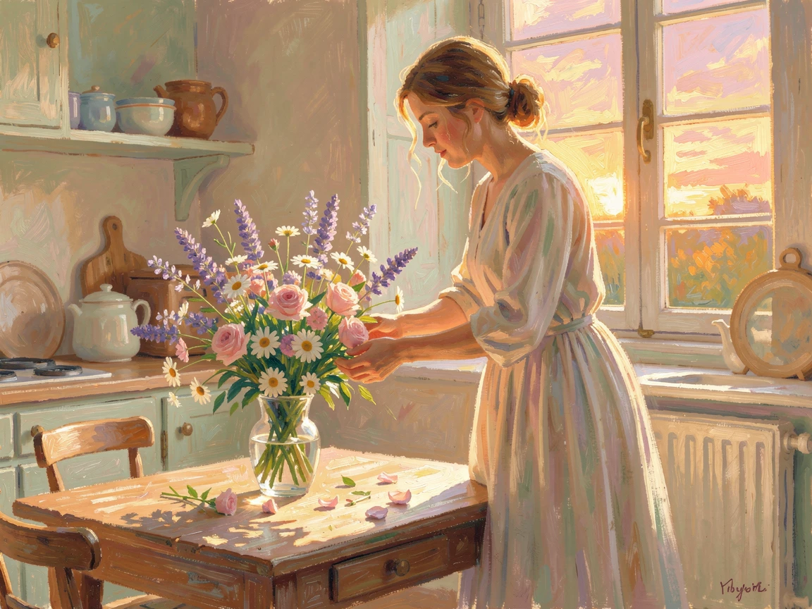 A woman arranging a bouquet of freshly cut flowers on a sunlit kitchen table, under a glowing sunset sky, filled with a cozy, comforting atmosphere.