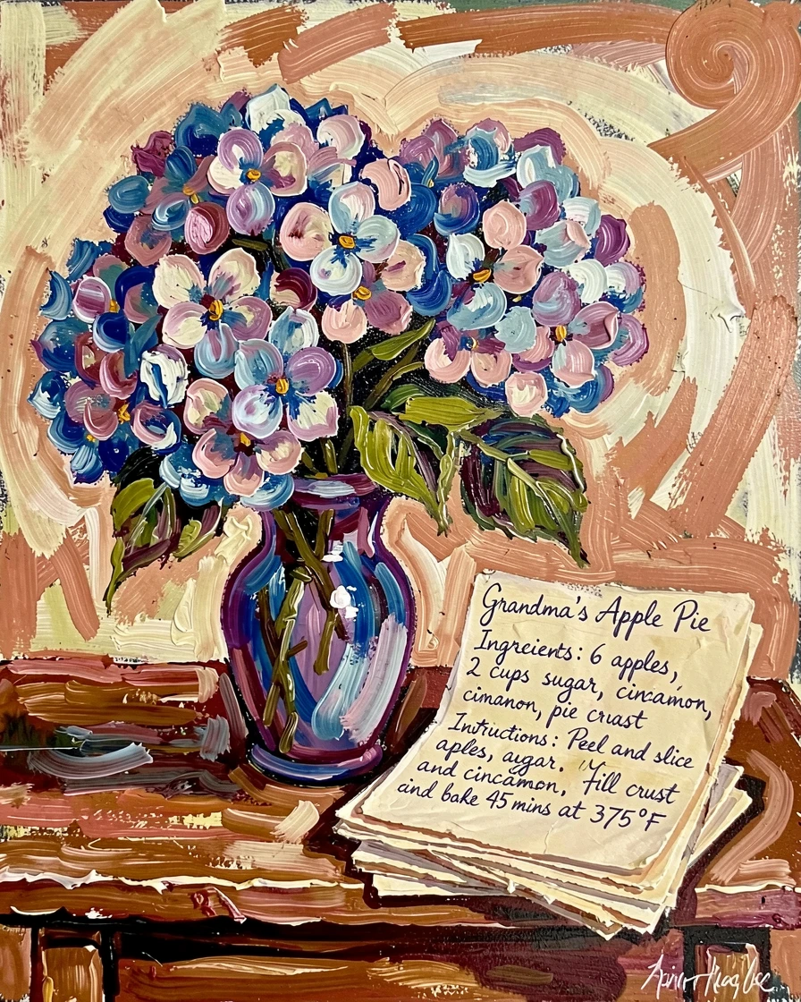 A vase of hydrangeas beside a stack of hand-written recipe cards.