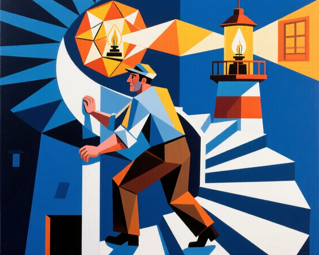 A lighthouse keeper climbing a spiral staircase toward a glowing lamp room.