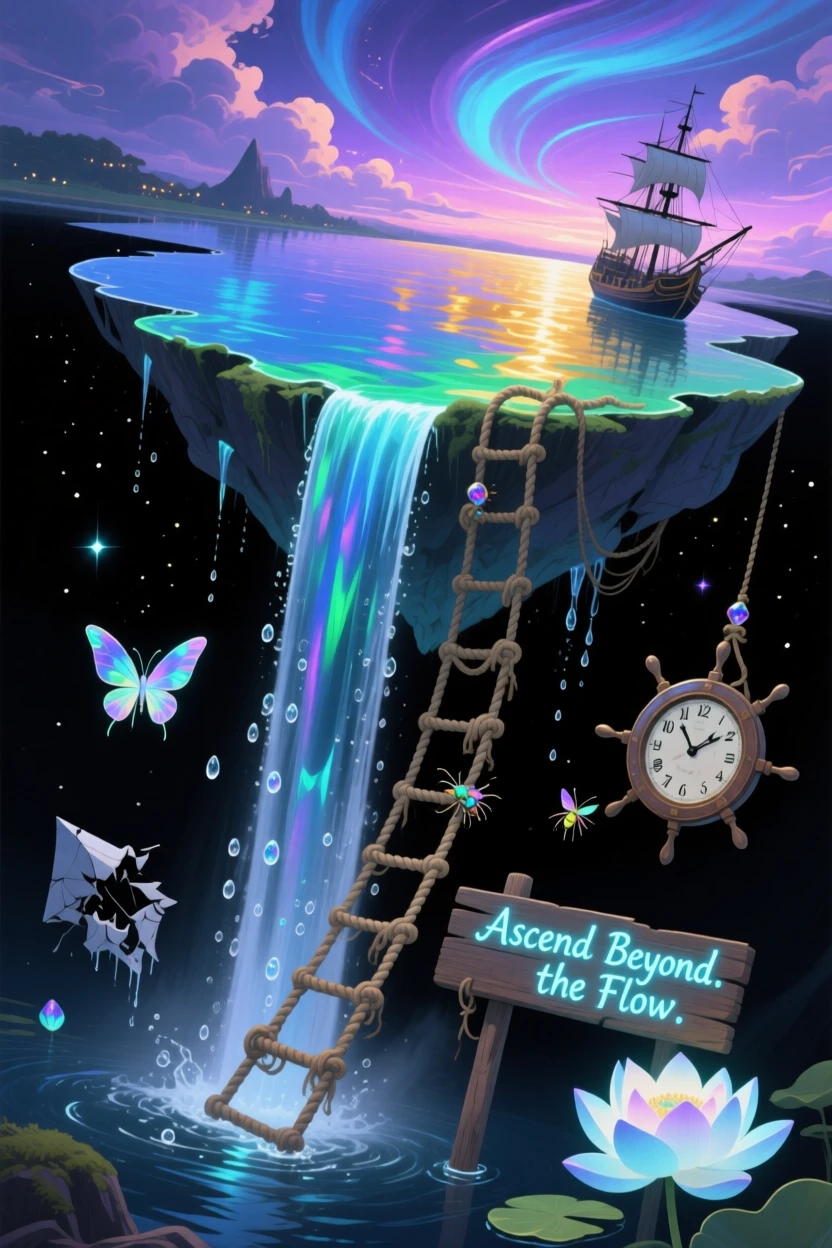 A waterfall that flows upward into a floating lake tilts at an impossible angle without ever falling, as a rope ladder dangles into empty space below.