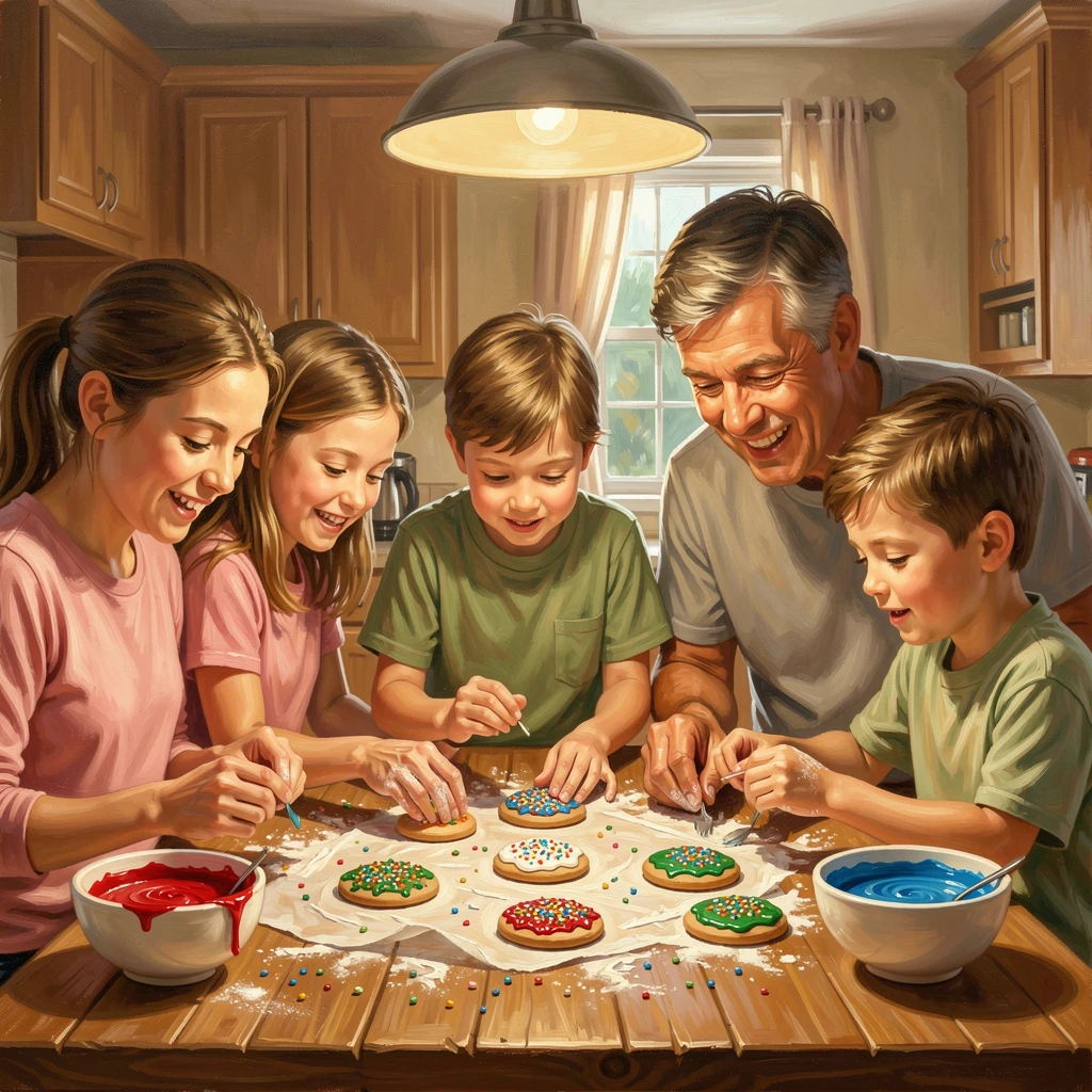 A family gathers around a table decorating cookies together, flour and sprinkles scattered across the counter in a warmly lit kitchen, a sense of genuine, unguarded emotion captured in the small details of their expression.