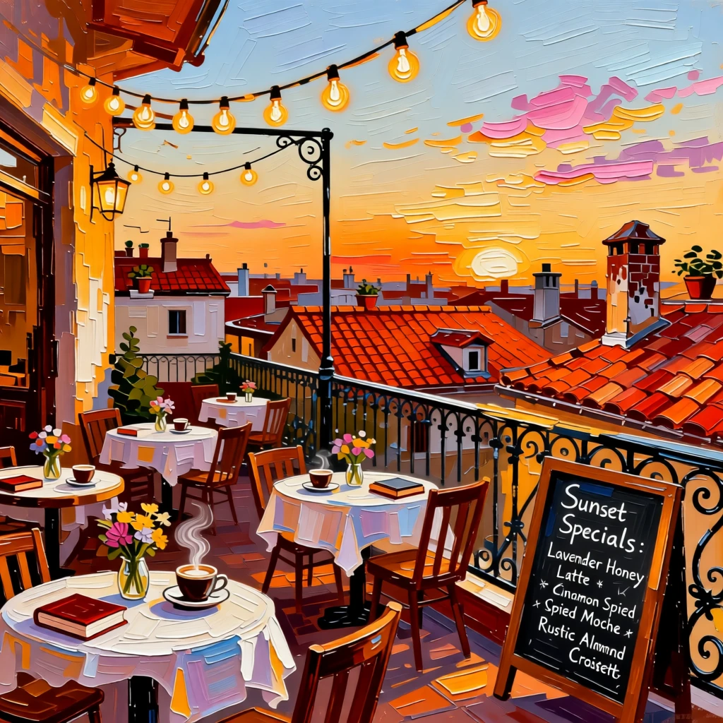 A rooftop café with string lights overlooking a sea of terracotta roofs at golden hour