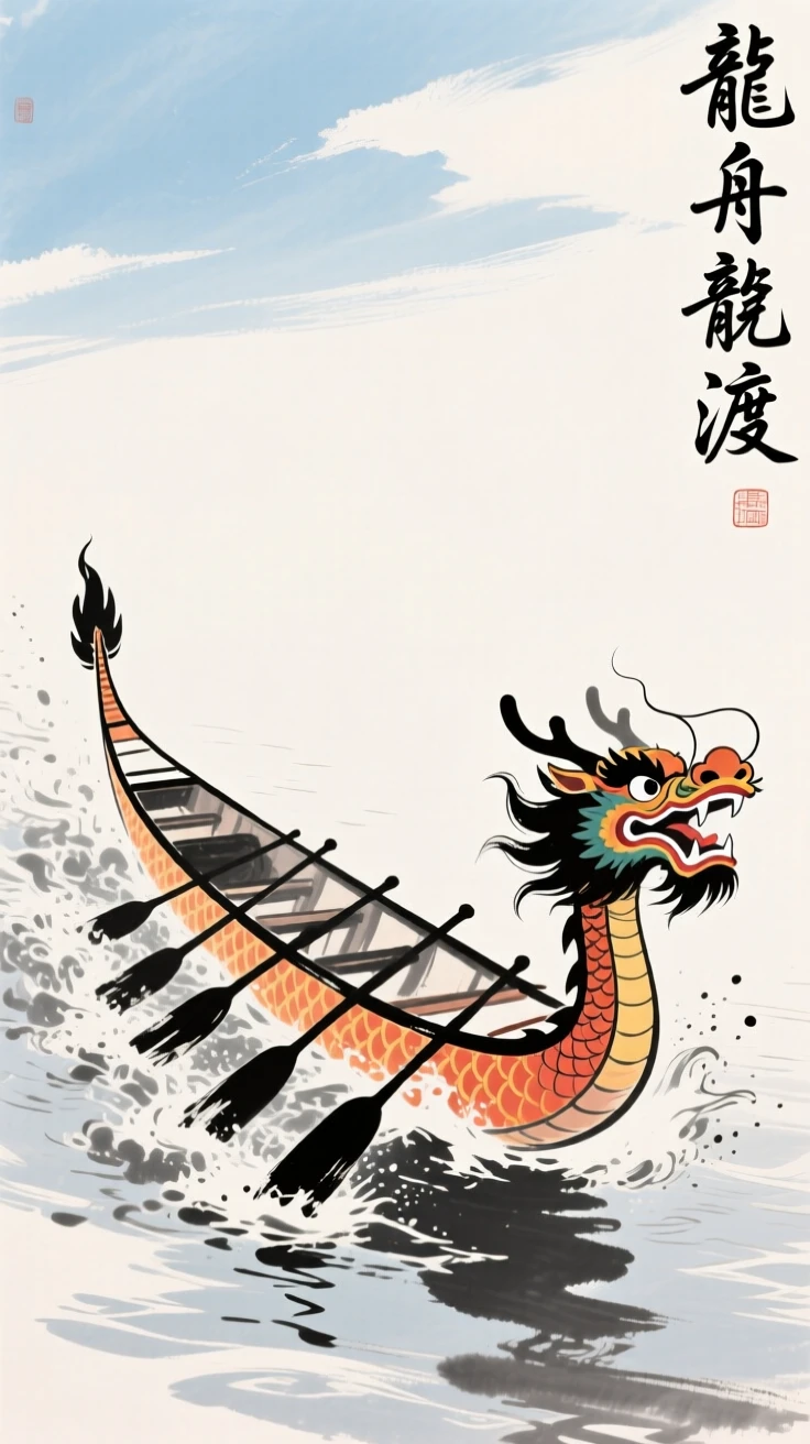 A brightly painted dragon boat cuts through the water during a river race, beneath a sky bright with midsummer sun.