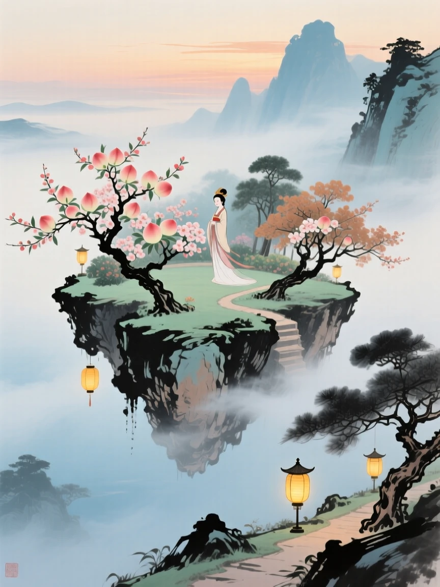 The Queen Mother's peach garden blooming on a floating celestial island, brimming with peaceful contentment, through a light drifting mist, as lanterns are lit for the evening.