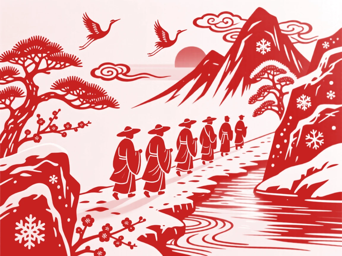 A composition of a group of pilgrims along a snow-dusted mountain trail, the last light of day catching the water's surface.