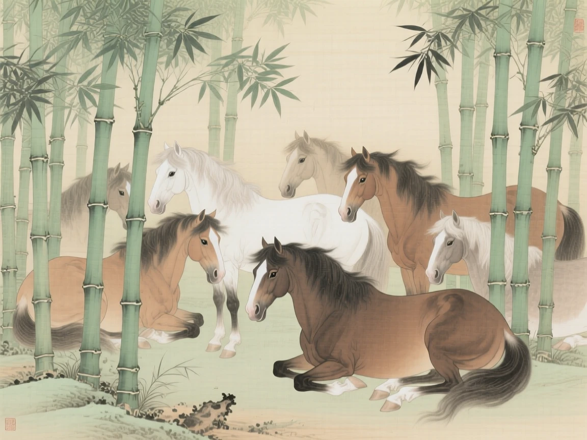 A herd of wild horses nestled among bamboo stalks