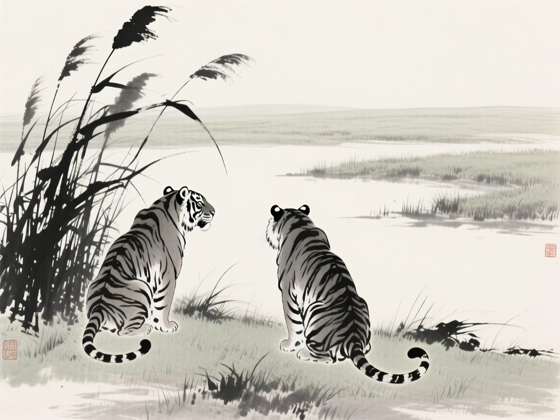 A pair of tigers watching quietly from behind a stand of reeds across an open grassy plain, seen from a respectful distance within its natural surroundings, conveying quiet strength and natural grace.
